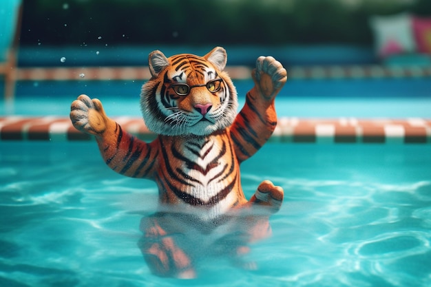 tigre di vibrazioni estive vestita con camicia colorata in volo che salta in piscina rendering 3d della piscina