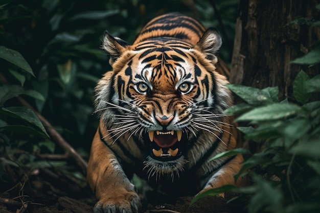 Tigre feroce nella foresta Fotografia naturalistica IA generativa