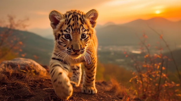 Tigre fotografica di fauna selvatica con sfondo naturale nella vista del tramonto Immagine generata dall'intelligenza artificiale
