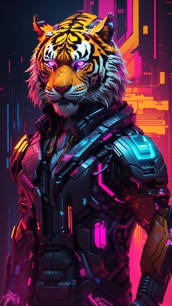 Tigre moderna in giacca cyberpunk generativa ai colori vivaci della scena reale