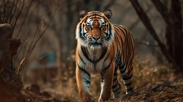 Tigre nell'habitat naturale testa di camminata maschio della tigre sulla scena della fauna selvatica della composizione