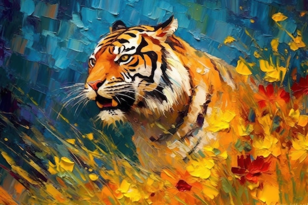 Tigre realizzata con pittura ad olio di arte moderna con intelligenza artificiale generativa di girasole