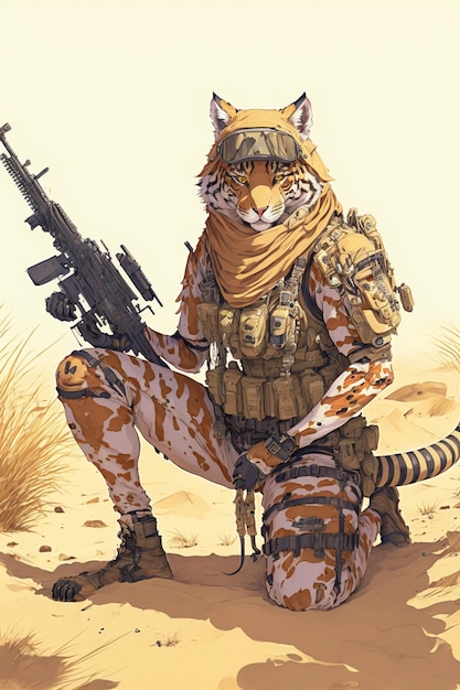 Tigre seduta a terra con un fucile ai generativo