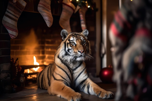 Tigre seduta nel caminetto con la calza di Natale appesa e le decorazioni natalizie IA generativa