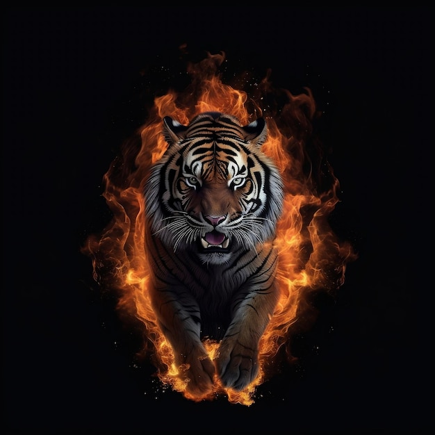 Tigre siberiana su sfondo nero con effetto bruciante IA generativa