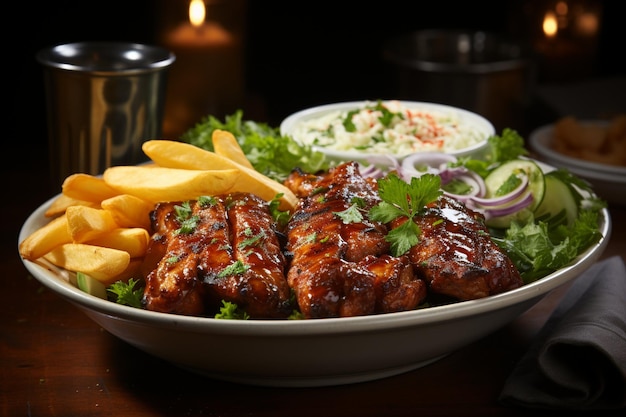 Tikka kebab con patatine fritte e insalata