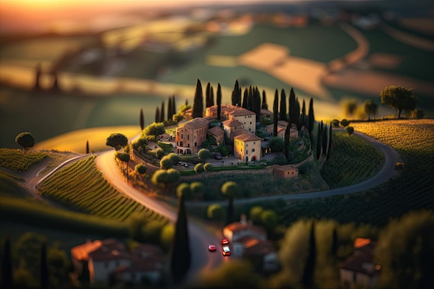 Tilt shift Paesaggio toscano tramonto mozzafiato bellissimo Generative AI AIG15