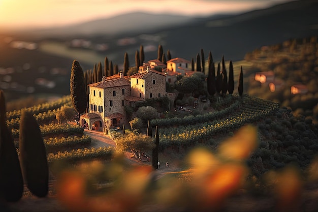 Tilt shift Paesaggio toscano tramonto mozzafiato bellissimo Generative AI AIG15