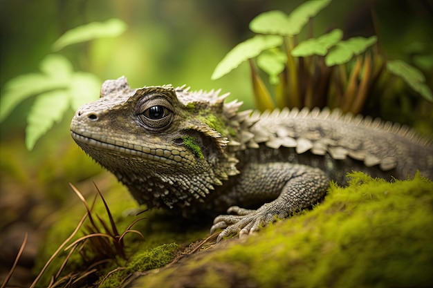 Tilt shift primo piano di una foresta di Tuatara Nuova Zelanda Generative AI AIG15