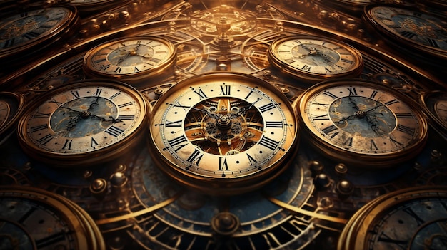 Time Echoes Quest'opera d'arte ritrae magistralmente un regno surreale in cui una serie di quadranti di orologi e clessidre dal design intricato convergono creando un'affascinante sinfonia di motivi ripetuti