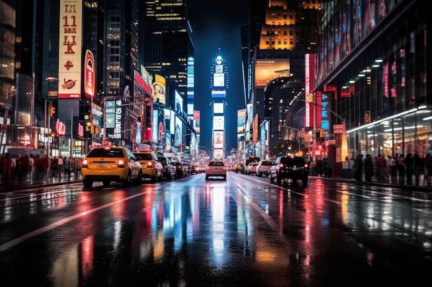 Time Square Street di notte con auto e taxi dettagli di iperrealismo ai generati