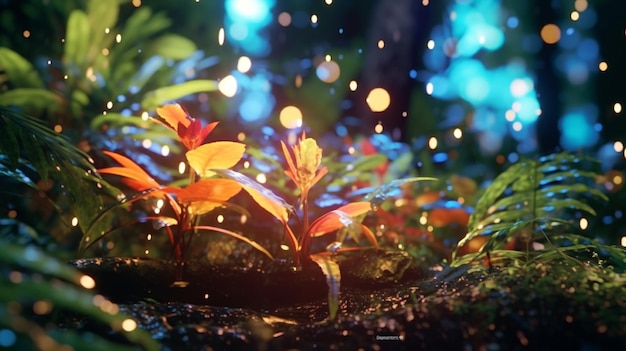 tintinnio tropicale con luce scura e luce da sogno lucida effetto bokeh luce foresta colorata