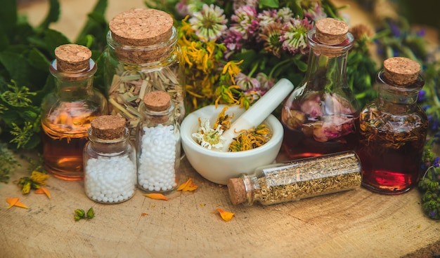 Tintura di erbe medicinali in bottiglia. Natura.