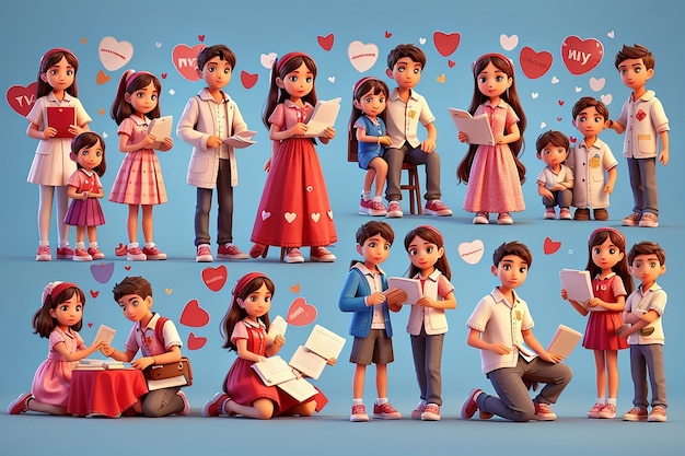 tipi di persone diverse il giorno di San Valentino amore 14 febbraio ragazza ragazzo da diverse culture 3d set di illustrazioni diversi tipi e etnie persone con cuori lettera d'amore