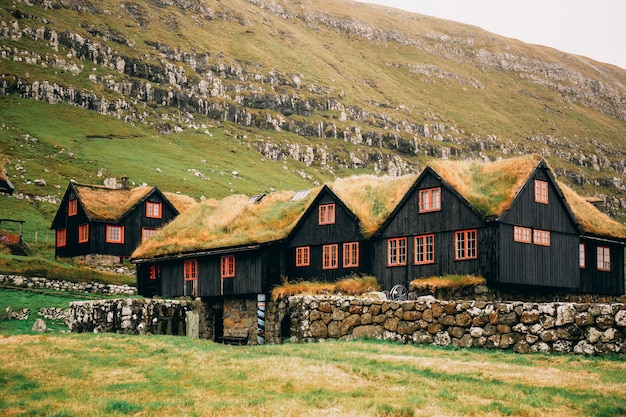 Tipiche case in legno con tetto erboso nelle isole Faroe