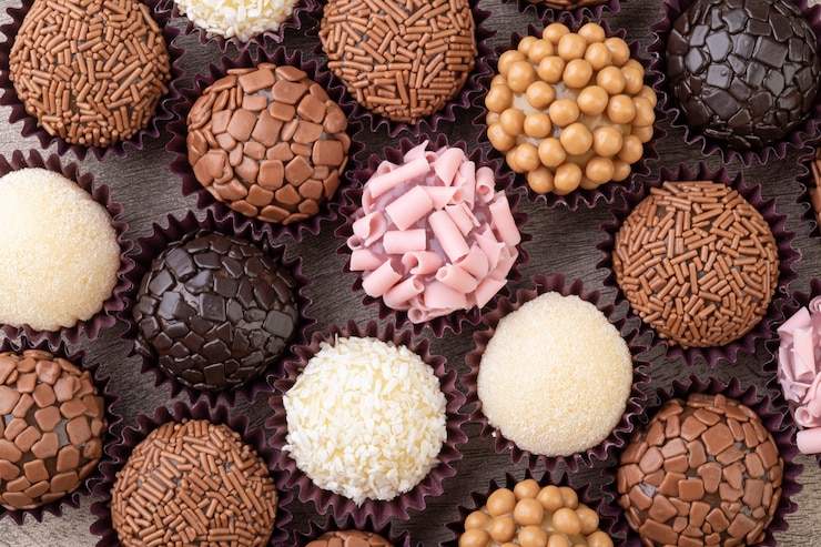 Tipici brigadeiros brasiliani, vari gusti sul tavolo di legno.