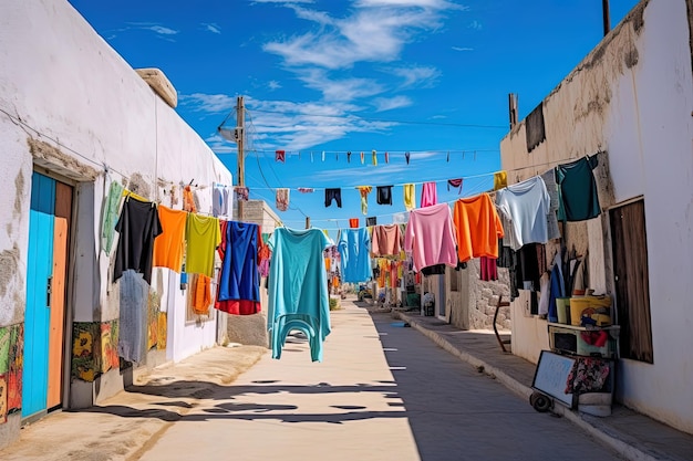 Tipico villaggio andino con vestiti coperte molto colorate appese in strada AI generativa