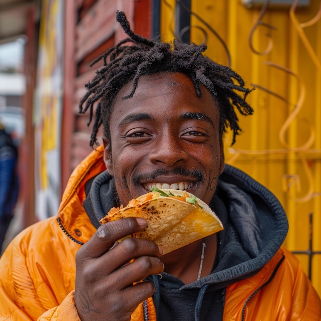 Tipo afroamericano che sorride alla telecamera mentre mangia un taco messicano