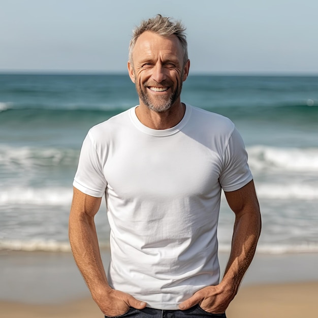 Tipo casuale sulla spiaggia che sorride alla macchina fotografica