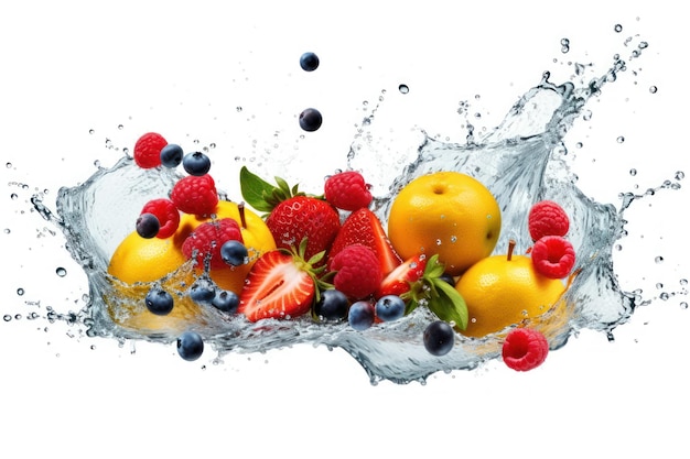 Tipo di miscela frutta spruzzo d'acqua isolato sfondo bianco