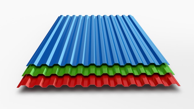 Tipo di profilo in lamiera, materiale moderno per il tetto di casered blu verde tetto in fibra di vetro 3d illustrazione