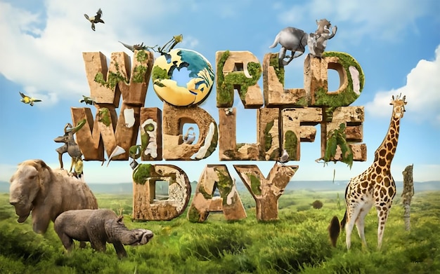 Tipografia della Giornata mondiale della fauna selvatica con l'animale nella giungla