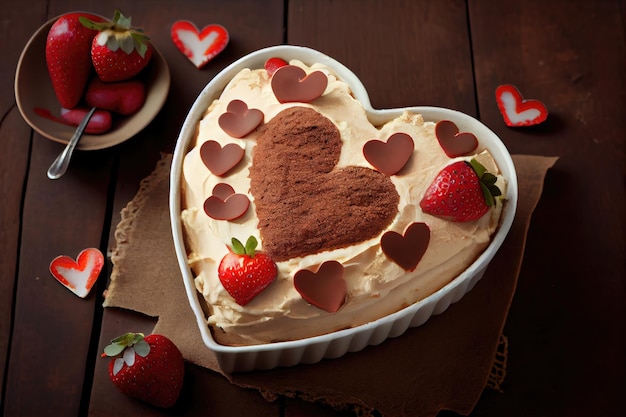 Tiramisù a forma di cuore con decorazioni di panna e fragole