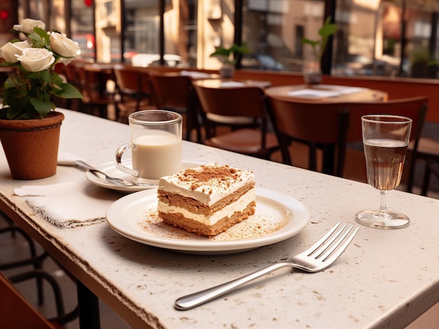 Tiramisù in un bar con rose e vista sulla città