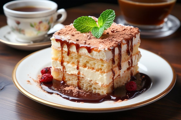 Tiramisù Un dessert italiano al gusto di caffè sul tavolo con vista foto realistica generata dall'intelligenza artificiale