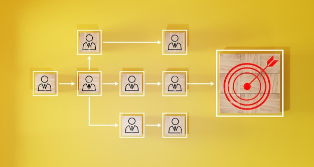 Tirassegno rosso e collegamento di collegamento della freccia rossa con l'icona umana per il gruppo target di attenzione al cliente e il concetto di gestione delle relazioni con il cliente