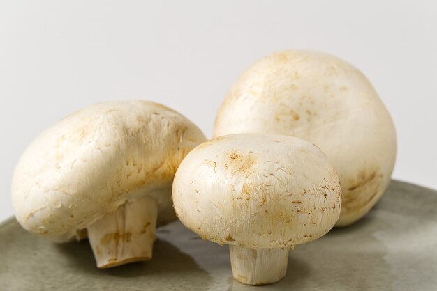 Tiro a macroistruzione dei funghi freschi del fungo prataiolo. Champignon affettato bianco del primo piano.