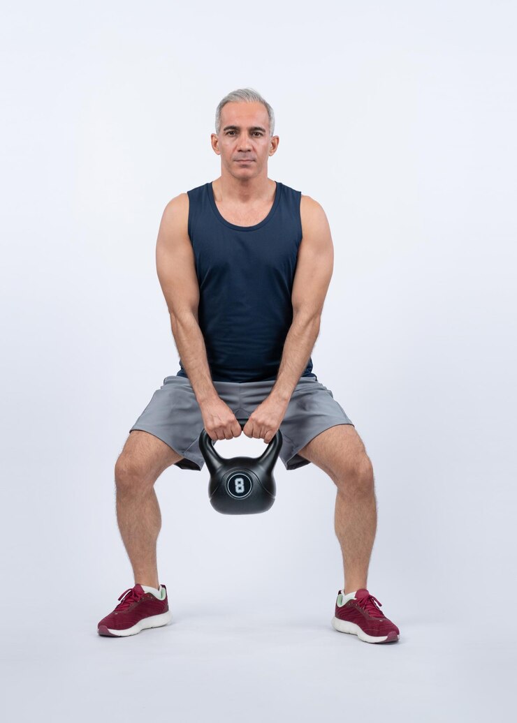 Foto tiro a tutta lunghezza del corpo uomo anziano atletico e sportivo che fa squat con kettlebell per l'allenamento del corpo su sfondo isolato fisico attivo sano e stile di vita di cura del corpo dopo il pensionamento clout