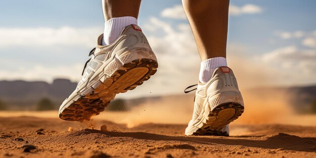 tiro basso di atleti gambe contro il deserto sfondo scarpe sportive sabbia generativa AI