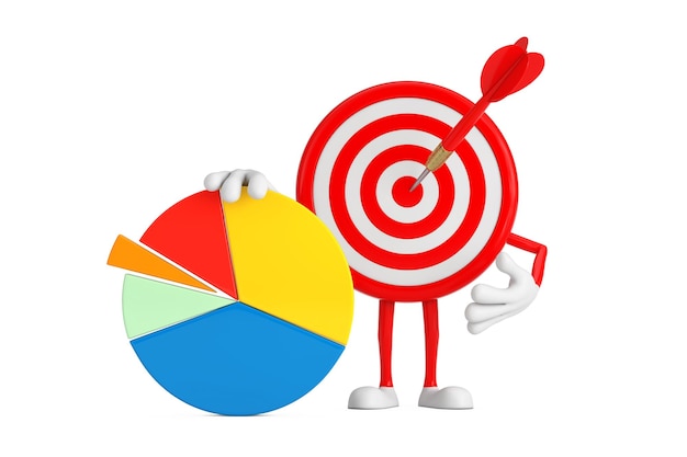 Tiro con l'arco Target e Dart in Center Cartoon Person Character Mascot con Info Graphics Business Pie Chart Rendering 3d