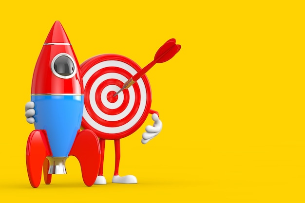 Tiro con l'arco Target e Dart in Center Cartoon persona carattere mascotte con Cartoon Toy Rocket 3d rendering