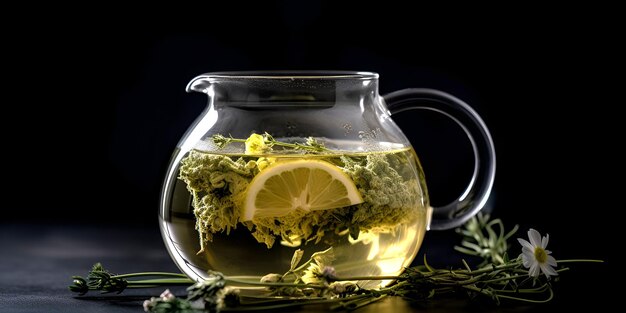 Tisana con fiori in teiera di vetro su sfondo scuro AI generato