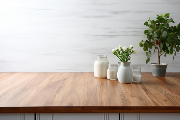 Titolo Tavolo in legno su sfondo bianco cucina moderna