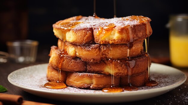 Toast alla cannella francese con mirtilli lamponi sciroppo d'acero e caffè colazione mattutina