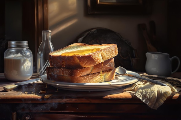 Toast alla francese con burro e miele su un tavolo di legno in cucina IA generativa