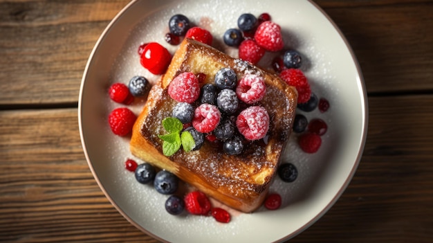 Toast alla francese in piatto bianco con molti frutti di bosco vista dall'alto in basso