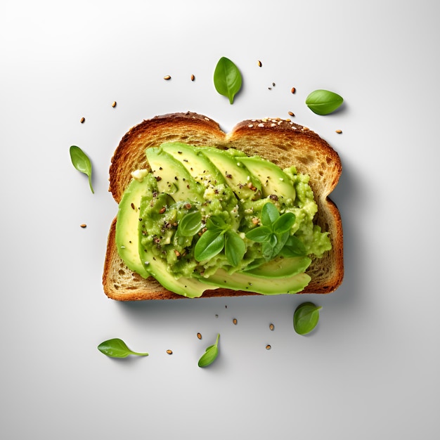 Toast con avocado e semi di sesamo su sfondo bianco