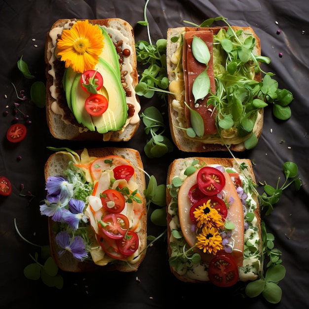 Toast con avocado, formaggio a crema morbida, pane di segale e uova cotta