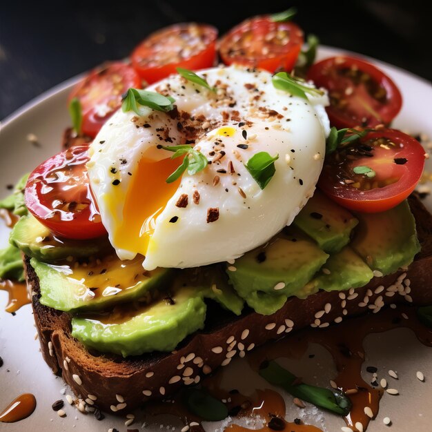 Toast con avocado, formaggio a crema morbida, pane di segale e uova cotta