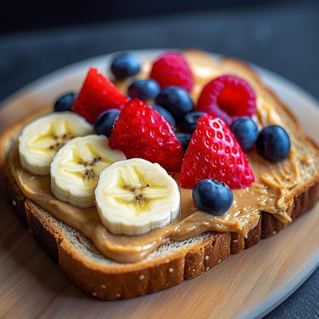 Toast con burro di arachidi, banane e uva su un tavolo di legno