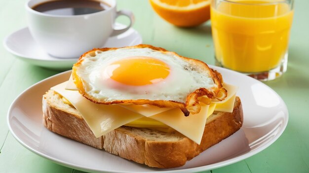 Toast con uova fritte e formaggio a crema su uno sfondo verde pastello