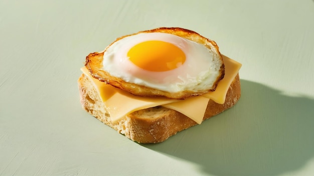 Toast con uova fritte e formaggio a crema su uno sfondo verde pastello