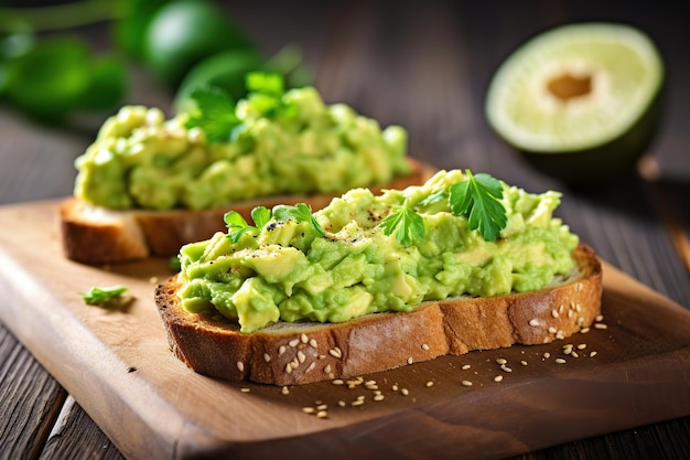 Toast di pane con guacamole su tavola di legno