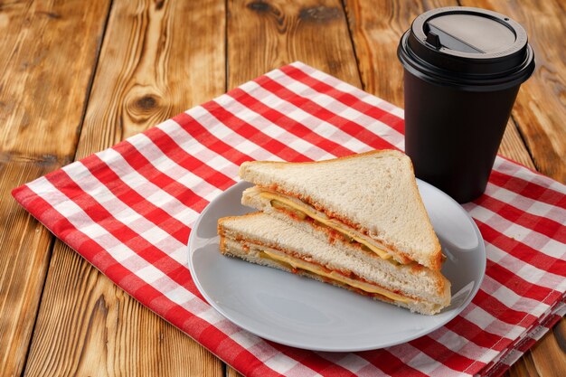 Toast panino nel piatto e tazza di caffè sul tovagliolo sulla tavola di legno