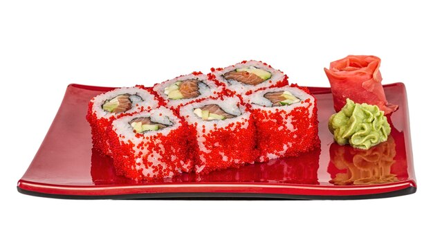 Tobiko Spicy Maki Sushi Hot Roll con vari tipi di uova di pesce volante Tobiko all'esterno Salmone avocado e lattuga verde all'interno