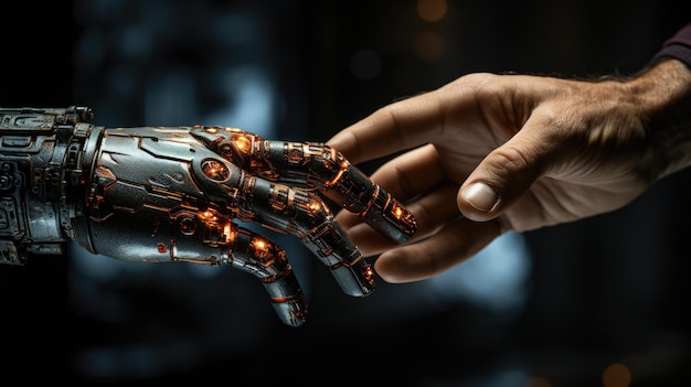 Toccare le mani umane e l'intelligenza artificiale Persona e intelligenza artificiale generate dall'intelligenza artificiale